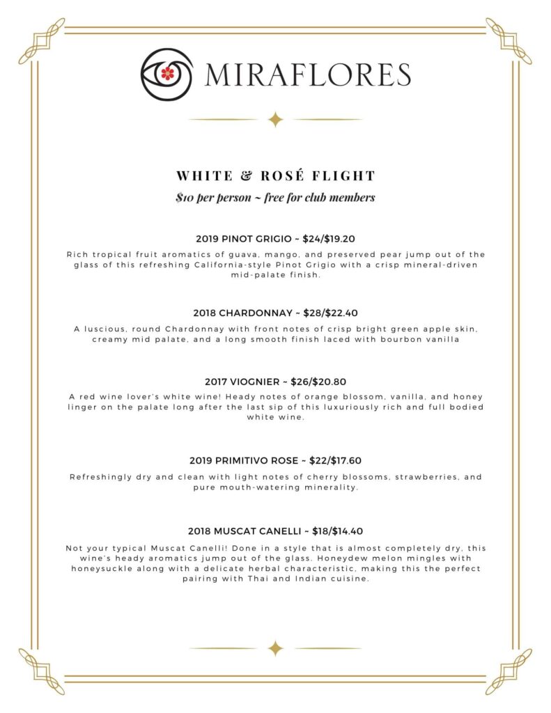 Miraflores Winery Wine Flight Menu Miraflores Winery