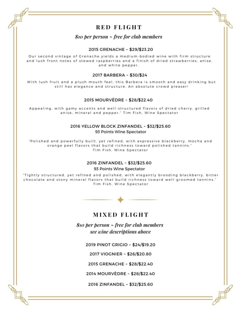 Miraflores Winery Wine Flight Menu Miraflores Winery